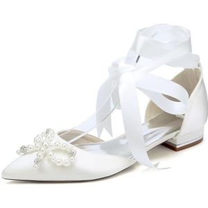 KYEGLO Gesloten Teen Satijnen Platte Schoenen Voor Dames, Strass Steentjes Slip-On Sandalen, Puntige Teen Bruidsschoenen Met Parelstrik Voor Dagelijks Gebruik, Feestjes En Bruiloften,Wit,36