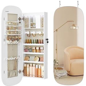 SONGMICS Sieradenkast, wandkast voor sieraden, organizer met ledlicht en slot, meerdere vakken, voor oorbellen, kettingen en ringen, wit oppervlak met beige voering JJC026W01