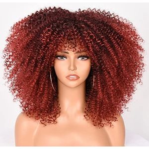 Afro voor zwarte vrouwen krullend haar 16 inch met pony kinky pluizige krullend rode pruik voor cosplay party