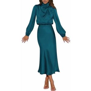 Elegante Satijnen Jurken met Lange Mouwen voor Dames, Formele Feest Maxi-jurk met Elastische Hoge Taille(Color:Lake blue,Size:L)