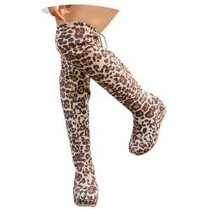 Plateau Overknee Laarzen for Dames Stretch Lange Laarzen Met Sleehak 2025 Retro Veterlaarzen Met Luipaardprint Suède Hoge Hakken for De Herfst/winter(43 EU)