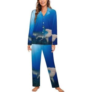 Blauwe Hamerhaai Vrouwen Lange Mouw Button Down Nachtkleding Zachte Nachtkleding Lounge Pyjama Set M