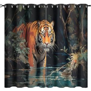 AEMYSKA Abstracte tijger verduisterende doorvoertule gordijnen voor slaapkamer bos wilde dier natuur rivier thermisch geïsoleerde gordijnen kamer verduistering licht blokkerende gordijnen 160 x 160 cm