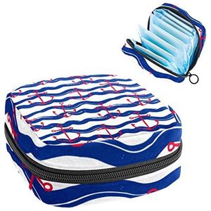 Nautische Oceaan Anker Gegolfde Periode Pouch Draagbaar,Tampon Opbergtas voor Maandverband, Meerkleurig, 4.7x6.6x6.6 in/12x17x17 cm