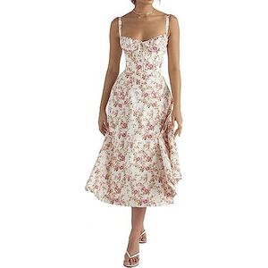 Print Bustier Sundress, Cutout Backless, Spaghetti Strap Sleeveless Split, Women's Summer Beach Casual Maxi Dress (M,White Red)