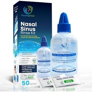 Sinus Rinse Kit, knijpfles, Neti Pot,+20 zoutzakjes, originele Plusqmed, neusspoeling, sinus spoelen, volwassenen, kinderen (250 ml + 50 zout)