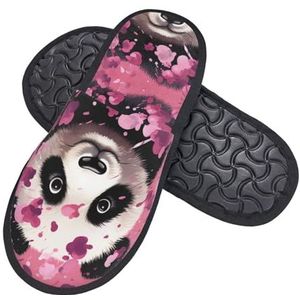 QQLADY Roze panda katoenen donzige pantoffels voor dames en heren, zachte pluche pantoffels, pluizige casual huispantoffels binnen, M, Zwart, Large Wide