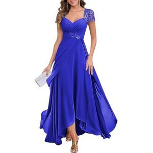 KIYNE Damesjurk met kapmouwen en V-hals, chiffon, moeder van de bruid, lange geplooide ruches formele avondjurk, koningsblauw, 32
