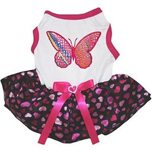 Petitebelle Hond Jurk Regenboog Vlinder Wit Shirt Hot Roze Harten Zwart Tutu, Large, roze