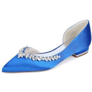 KYEGLO Satijnen Platte Damesschoenen Met Gesloten Neus - Puntige Instapschoenen Voor Bruidsmeisjes Met Strass-Steentjes Voor Feestjes, Bruiloften En Cadeaus Voor Vrouwen,Blauw,36 EU