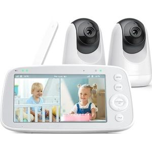 FAKEME Babyfoon met deelbaar scherm, 5 inch 720P met 2 camera's, audio- en videobewaking, zwenken kantelzoom, 300 m bereik, 4500 mAh batterij, infrarood nachtzicht en warmtemonitor