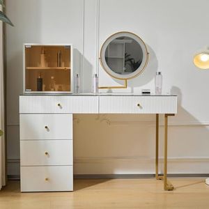 YuQozii Make-uptafelset met led-verlichte spiegel, transparant tafelblad van gehard glas, kaptafelzijde en kast, elegant meubel, wit, afmetingen: 120 x 45 x 115 cm (zonder kruk)