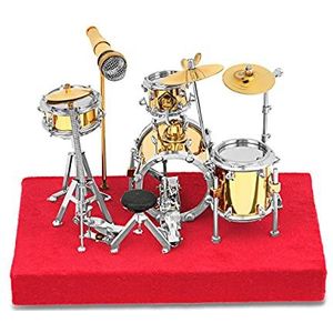 Gouden drumset, metalen instrument, miniatuur replica op standaard, afmetingen 12 x 12 x 10 cm