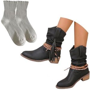 Enkellaarzen Met Franjes Retro Western Cowboylaarzen for Dames PU-leren Enkellaarzen Met Blokhak Herfst Winter Ronde Neus Laarsjes Vrijetijdsschoenen for Buiten, Feest(Black,41 EU)