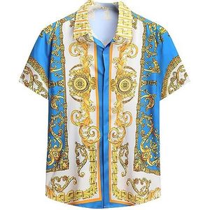 Heren 3D bedrukt shirt retro barok korte mouwen revers overhemden zomer regular button strand shirt casual Hawaiian tops, # 5., XXL