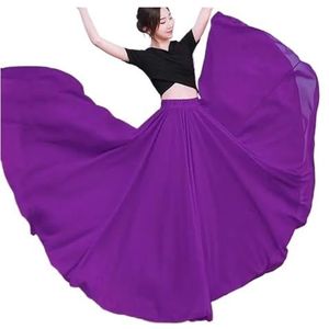 Buikdansrok 720 graden dansrok geplooide rok dames effen kleur hoge taille chiffon grote swing rok podiumprestaties lang (diep paars, XL lengte 100 cm)