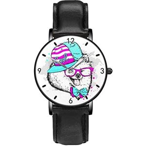 Cool Hoed Hond Met Roze Bril Persoonlijkheid Business Casual Horloges Mannen Vrouwen Quartz Analoge Horloges, Zwart