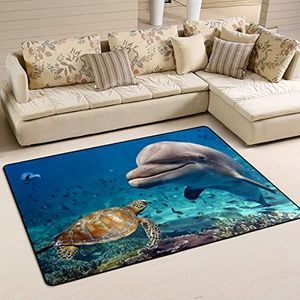 Vloerkleed, 100 x 150 cm, zeeschildpadden, dolfijn, oceanottapijt, woonkamer, antislip, keuken, anti-stof tapijt, opvouwbaar, voor binnenplaats, woonkamer