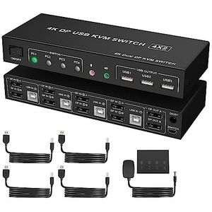KVM Switch met 4 poorten, dual monitor, displayport 4K 60Hz, KVM Switch 2 monitoren, 4 computers met 3 USB 2.0-poorten en met audio-microfoon-uitgang, DP Monitor Switch voor 4 pc's, 2 monitoren