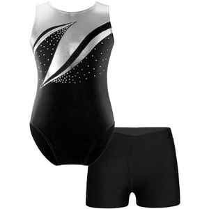 ZPFDSG Turnpakje voor meisjes, kinderen, meisjes, glanzend, strass, gymnastiek, turnpakje met shorts, ballet, dans, schaatsen, yoga, training, prestaties, body overall, Zwart, 10