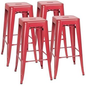 Barkrukken Ergonomische barkrukset van 4, 30 inch hoge metalen barkrukken, binnen buiten moderne stapelbare industriële stoelen Keuken (Color : Red-)