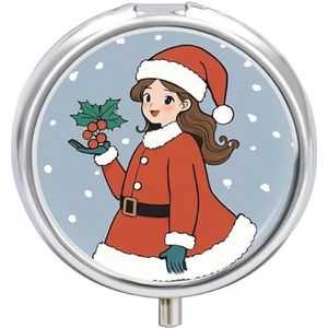 Pil Organizer 3 Compartiment Vrouwen Kerst Kleding Pillendoos met Spiegel Reizen Pil Case voor Pocket Metalen Pil Container Wekelijkse Geneeskunde Planner Vitamine Organizer 1,97 Inch