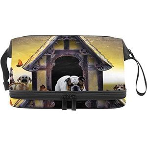 Grote capaciteit reizen cosmetische tas,Dieren mopshond hond familie, make-up tas, waterdichte make-up tas organisator, Meerkleurig, 27x15x14 cm/10.6x5.9x5.5 in