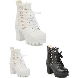 Gotische Veterlaarzen, Platform Enkellaarzen for Dames, Elegante Enkellaarzen Met Blokhak, PU Lederen Bikerlaarzen, Warme Snowboots, Sexy Enkelschoenen Met Hoge Hakken Met Kant(White,37 EU)