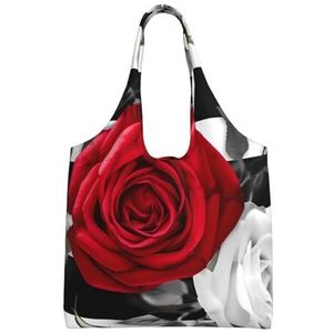 YNCATXZ Zwart Wit Strepen Rode Rose Bloemen Canvas Tote Bag Voor Vrouwen Esthetische Boodschappentassen Schoudertas Herbruikbare Boodschappentassen, Zwart, Eén maat