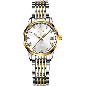 RORIOS Automatisch horloge voor dames, modieus, oplichtend polshorloge met roestvrijstalen armband, waterdicht diamanthorloge, mechanische dameshorloges, zilver A