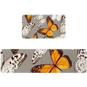 VAPOKF 2 stuks keukenmat wit-oranje kleur vlinder, antislip wasbaar vloertapijt, absorberende keukenmat loper tapijt voor keuken, hal, wasruimte
