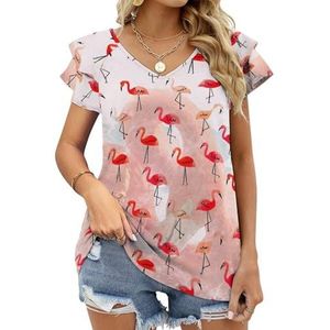 Rode Flamingo's Grafische Blouse Top Voor Vrouwen V-hals Tuniek Top Korte Mouw Volant T-shirt Grappig