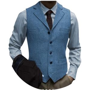 AeoTeokey Tweed visgraat pak vest slim fit inkeping revers groomsmen bruiloft vest, Blauw, 3XL