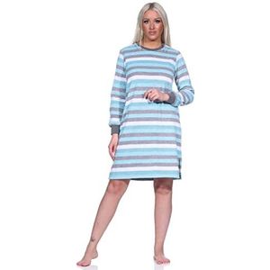 Normann Badstof nachthemd voor dames, lange mouwen, met manchetten in blokstrepenlook, ook in grote maten, turquoise, 44-46