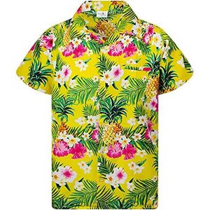 King Kameha Funky Hawaïhemd voor kinderen, jongens en meisjes, korte mouwen, borstzakje, Hawaii-print, uniseks, ananas, bladeren patroon, Kids Pineapple Flowers Geel, 8 Jaar