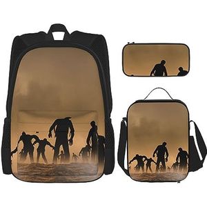 Veel Zombie Rugzak Set 3-in-1 Kids Schooltas voor Tiener Meisjes Womens Laptop Rugzak met Lunch Tas Potlood Case, Zwart, Eén maat