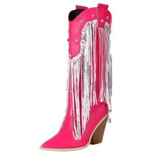 Dames Western Cowboylaarzen Met Klinknagel 2025 Retro Lange Boots Met Franjes Puntige Neus Hoge Laarzen Met Blokhak Dames PU Leren Brede Buis Instapschoenen(Pink,43 EU)