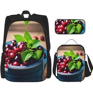 YANDM Eiffeltoren Parijs Rugzak 3 Stuks Set Reizen Wandelen Lichtgewicht Laptop Etui Geïsoleerde Lunch Tas voor Vrouwen, Emmer met vol kersen, Eén maat