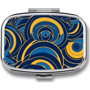 Blauw en geel patroon pillendoosje 2 compartimenten, draagbare pillenetui met spiegel voor zakportemonnee, reizen, mini-metalen medicijnorganizer voor vitamines en visolie