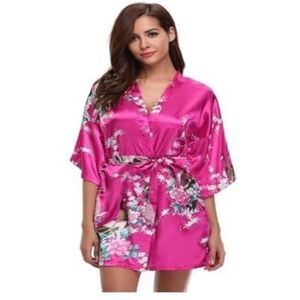 VONCYKI Satijnen zijde vrouwen bruiloft bruidsmeisje gewaad sexy kraan print badjas korte lange kimono nachtjapon gewaad mode ochtendjas vrouw (roze, XXXL)