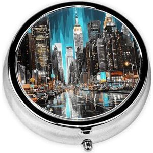 Pillendoosje met spiegel, retro pillendoosje met 3 compartimenten, New York schilderijen, kleine pillenorganizer voor portemonnee of zak, decoratieve metalen medicijnen, vitamine-organizer, unieke