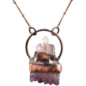 Women Antique Pendant Vintage Necklace Reiki Chakra Quartz Crystal Stone Bronze Chain Necklace Yoga Meditation Jewelry (Color : Purple White Quartz)