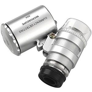ZHOUBA 60X Mini Pocket Microscoop Loupe met UV Valuta Detector 2-LED Witte Lichten (Zilver)