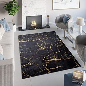 Tapiso Toscana Vloerkleed Zwart Gouden Abstract Marmer Laagpolig Tapijt Maat- 160 x 230 cm