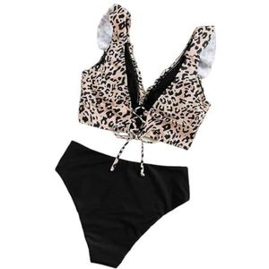 Womens Swimsuits Vintage Polka Dot Two Shoulder Bikini Feminine Ruffle Tie Swimsuit Separate-Pink Leopard-L