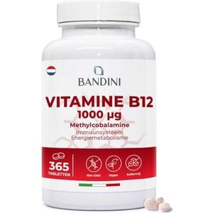 Bandini® Vitamine B12 365 Veganistisch (+ 1 Jaar), Methylcobalamine 1000µg, 100% Veganistische Tabletten, B 12 voor het Immuunsysteem, Vit B Energiestofwisseling, Fysieke en Mentale Vermoeidheid