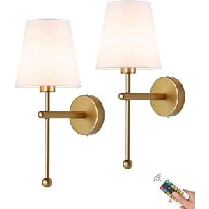 Oplaadbare wandkandelaar op batterijen werkende wandlampen set van 2 met afstandsbediening, draadloze wandlamp op batterijen, wandkandelaars, niet bedraad dimbare stoffen wandlamp voor woonkamer