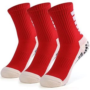 Aoresac Voetbalsokken, antislip, 3 paar sportsokken voor heren, set sportsokken met hoge buizen, voor volwassenen, voetbal, basketbal, trekking (rood), 15-39, Rood, 15-39