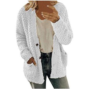 HaicoM Kitted vest voor vrouwen met knopen herfst winter jersey vest dames zakken V-hals lange mouwen bovenkleding dames casual losse warme plus size pluche trui vest jas, Wit, XL