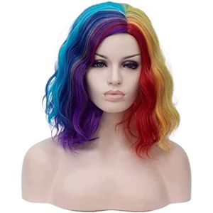 Pruiken Vrouwenpruiken Golvend Krullend Pruiken Bob Synthetische Pruik Party Rainbow Color Mixing Wigs Cosplay Pruiken Voor Vrouwen (Color : C, Size : 15in)